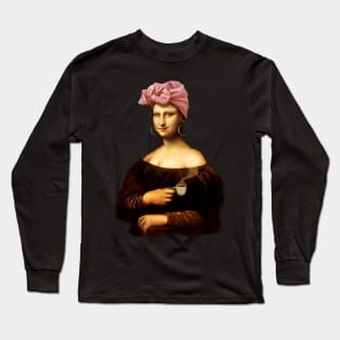 Lady Mona Lisa Drinking Coffee Long Sleeve T-Shirt